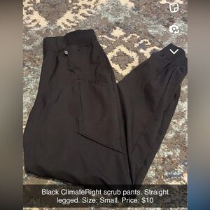 ClimateRight black scrub pants. Straight legged
